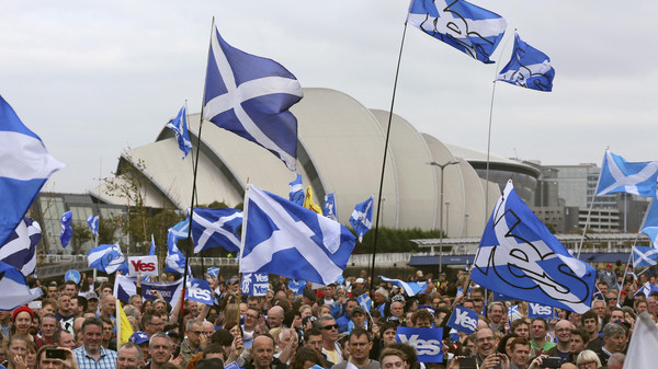 'Yes' campaign people gather for a rally outside the BBC in Glasgow