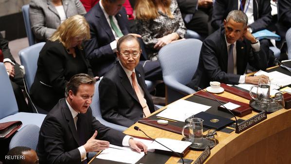 British PM Cameron speaks as U.N. Secretary-General Ban and U.S. President Obama look on, the United Nations Security Council summit in New York