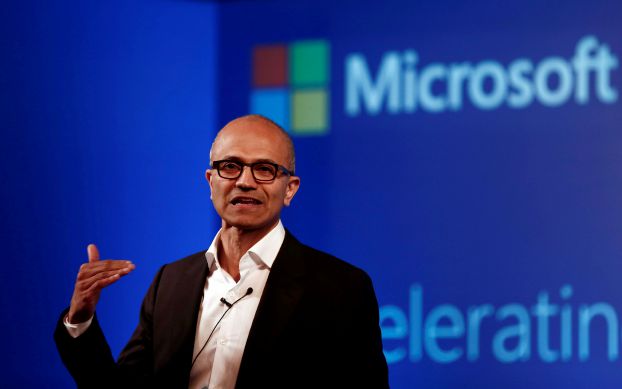 Microsoft CEO Nadella addresses the media during an event in New Delhi