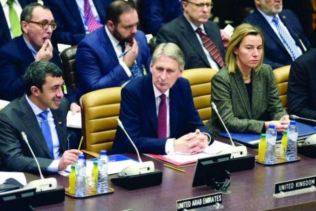 UAE Foreign Affairs bin Zayed Al Nahyan, Britain's Secretary of State for Defence Hammond and EUHR Mogherini attend a round table meeting of the global coalition to counter the Islamic State militant group at NATO headquarters in Brussels
